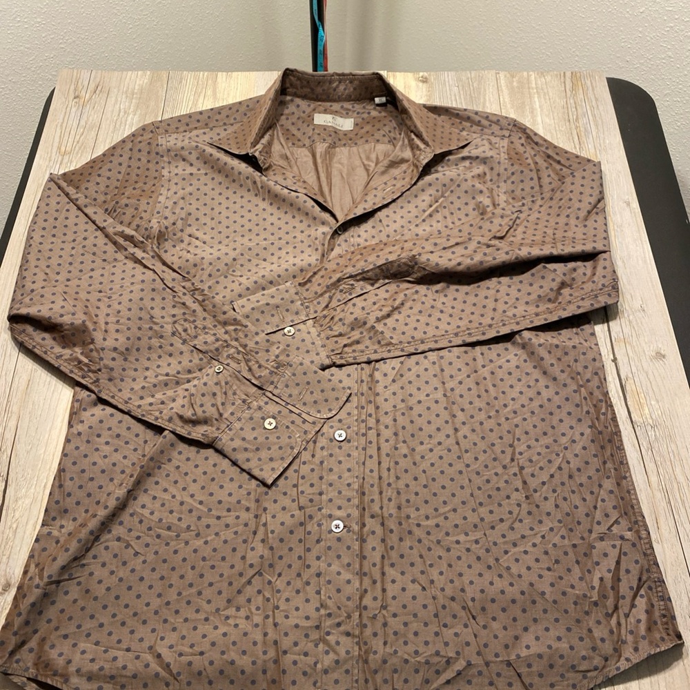 Canali Men's Brown Long Sleeve Polka Dot Button Shirt Made In Italy XL